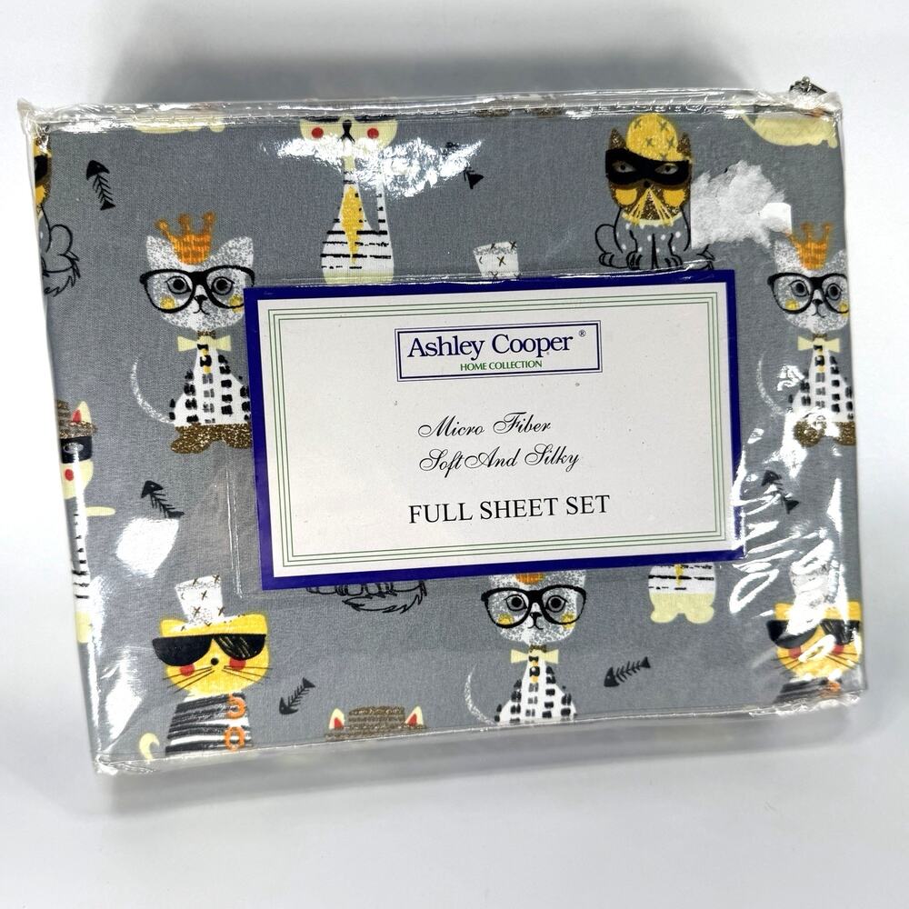 Ashley Cooper Cool Cats Hipster Kitty FULL Sheet Set Gray Micro Fiber NEW